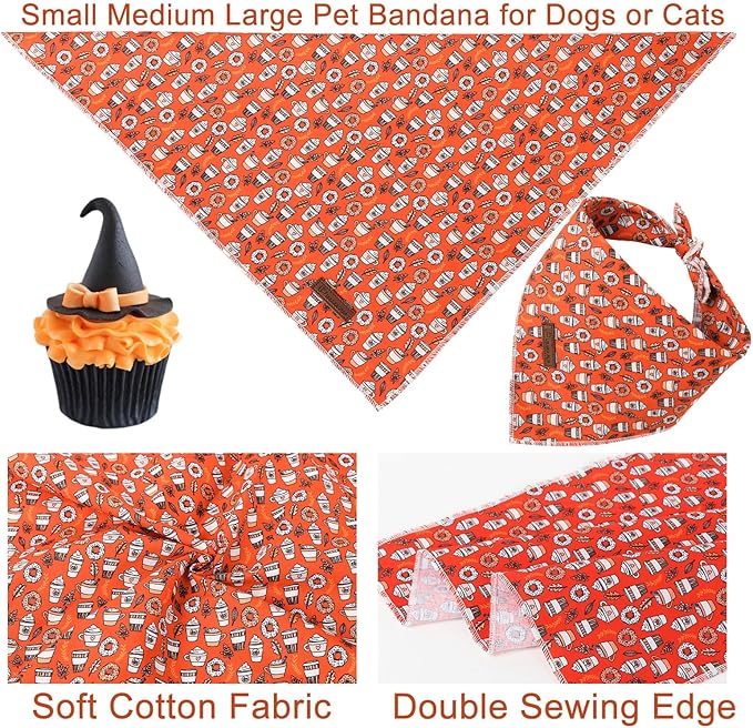 UP URARA PUP Fall Dog Bandana, Autumn Triangle Bid Scarf with Cup,Doughnut Pattern, Cotton Pet Kerchief for Girl Boy Dogs or Cats, Cute Puppy Bandana Fancy Bandana for Dogs