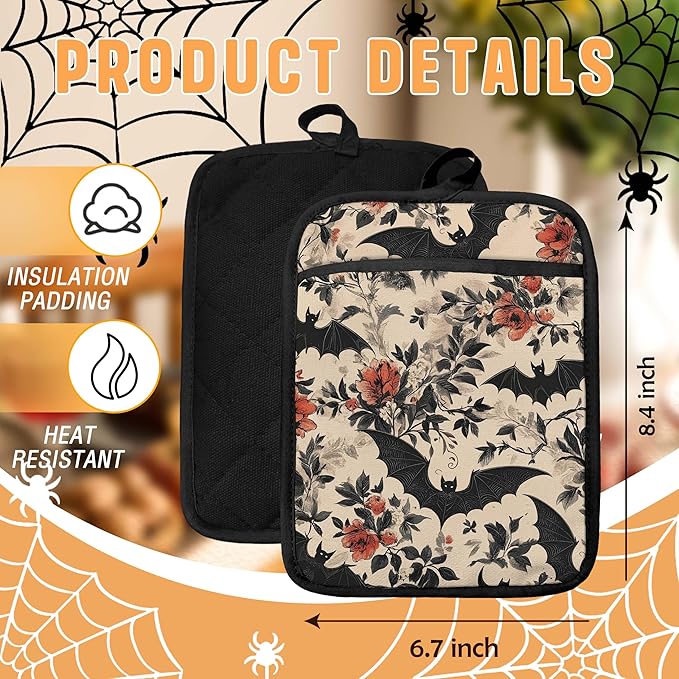 Gothic Halloween Bat Floral Pot Holders with Pockets, Vintage Dark Cottagecore Halloween Oven Pot Holders Heat Resistant Oven Mitts Hot Pads for Kitchen Baking Cooking, Set of 2
