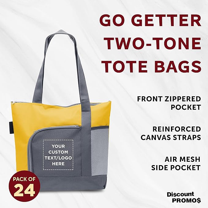 DISCOUNT PROMOS Custom Go Getter Sport Tote Beach Bags Set of 24, Personalized Bulk Pack - Reusable, Great for Shopping, Beach, Picnic, Other Outdoor Adventure - Yellow