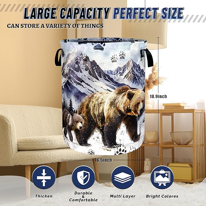 Bear Laundry Hamper Oxford Cloth Funny Bears Paw Forest Animal Laundry Basket With Handle Portable Clothes Storage Basket Foldable Laundry Bag 18.9"x16.5" For Laundry Room/Bedroom/Bathrooms