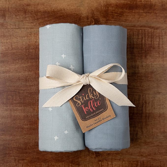 Sticky Toffee Muslin Swaddle Baby Blanket, Blue Gray Stars, 47 x 47 in, Soft Breathable Oeko-Tex Cotton Newborn Wrap and Receiving Blanket