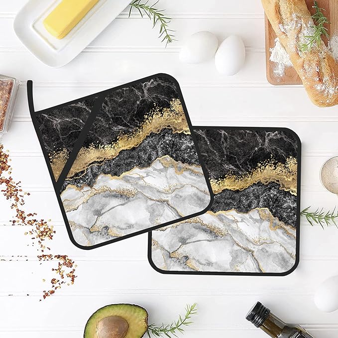 White Black Gold Marble Pot Holders Set of 2 Kitchen Heat Resistant Potholder for Microwave Cooking Baking Oven End Dishes and BBQ