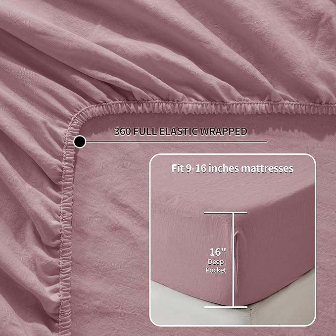 LBRO2M 100% Linen Sheet Set Queen Size,Bed Sheets 4 Piece Sets,Solid Color Natural Flax Bed Sheets Soft Breathable Bedding,16" Deep Pocket,All Season (Queen, Embroidery Purple)