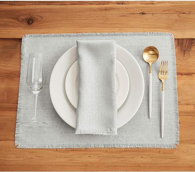 Solino Home Linen Light Grey Placemats Set of 4-100% Pure Linen Placemats 14 x 19 Inch for Spring, Easter - Fringe, Handcrafted and Machine Washable