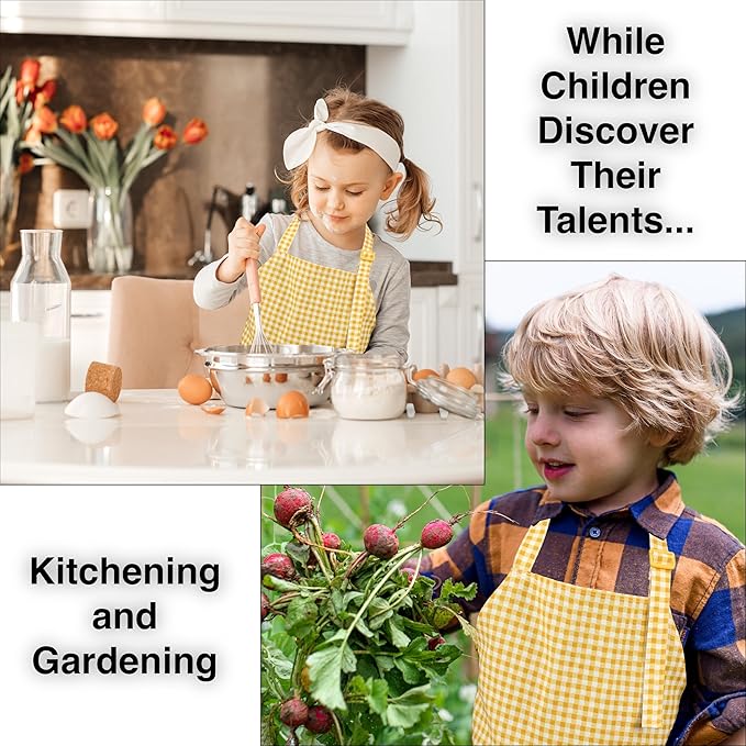 Kids Aprons for Cooking Waterdrop Resistant Aprons for Girl & Boy Toddler Apron for Painting, Gardening, Baking, Smock (Plaid Yellow, Small (3-5 years))