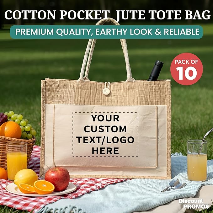 DISCOUNT PROMOS Custom Jute Tote Bags with Cotton Pocket Set of 10, Personalized Bulk Pack - Reusable, Great for Picnic, Camping, Beach, Outdoor Activities - Natural