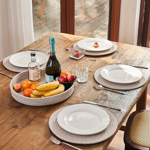 Art PineCone's Woven Cotton Rope Round Placemats Set of 4 with Holder Included, Non-Slip, and Heat Resistant Shabby Chic Placemats (Taupe Mix, 13 inch)