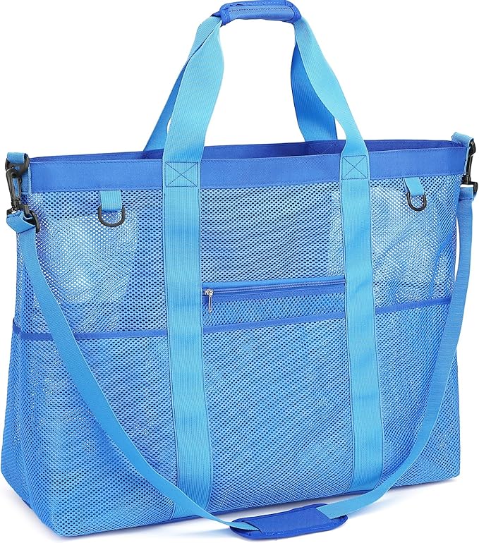Fammart Mesh Beach Bag, Large Beach Tote with Zipper Pocket for Family Pool Bag for Toys & Vacation Essentials