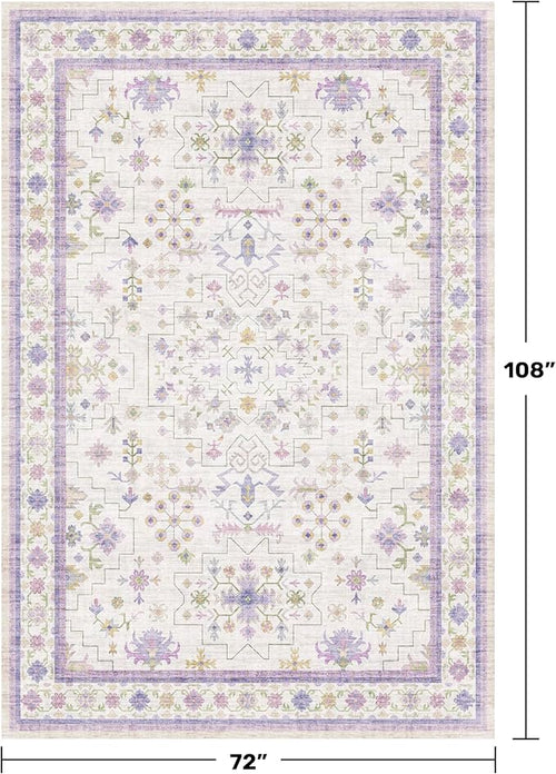 6x9 Lavender Rug for Bedroom, Kids Playroom, Non Slip Large Washable Living Room Area Rug, Low Pile Stain Resistant Foldable Boho Fairy Décor