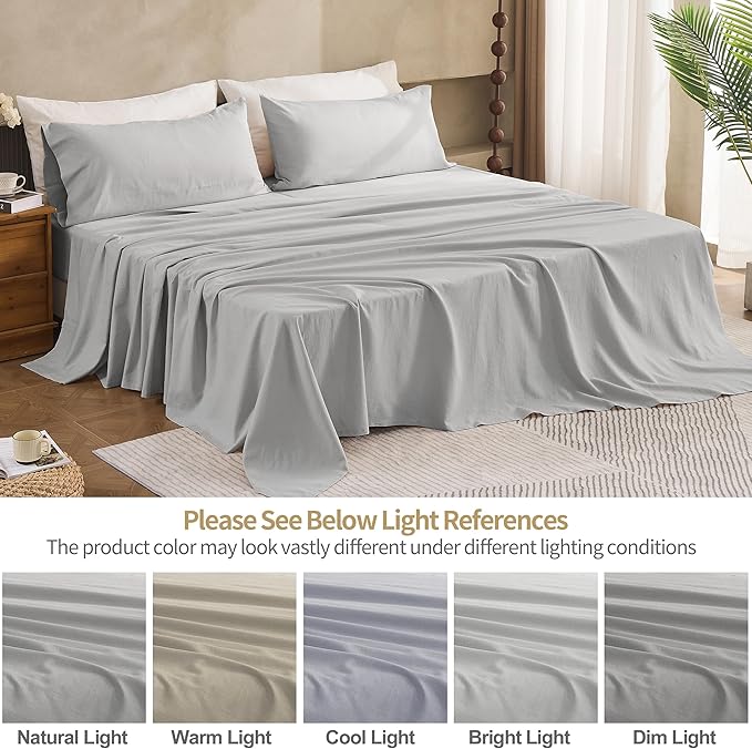 Simple&Opulence Belgian Linen Sheet Set Solid Color - 5 Pieces (1 Flat Sheet, 2 Fitted Sheets & 2 Pillowcases) Natural Flax Cotton Blend Soft Breathable Farmhouse Bedding - Split King Size, Grey