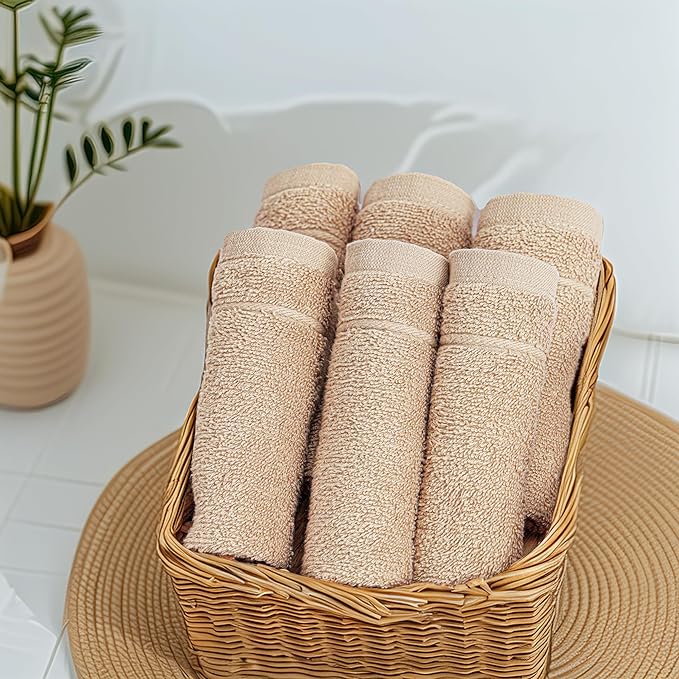 Tens Towels Pack of 60 Washcloths, 12 x 12 Inches, Lighter Weight, Quick to Dry, Super Soft & Absorbent, Gentle Face Towels, Hotel Quality, Perfect for Bathroom, Gym, Spa (Beige, 60 Pack)