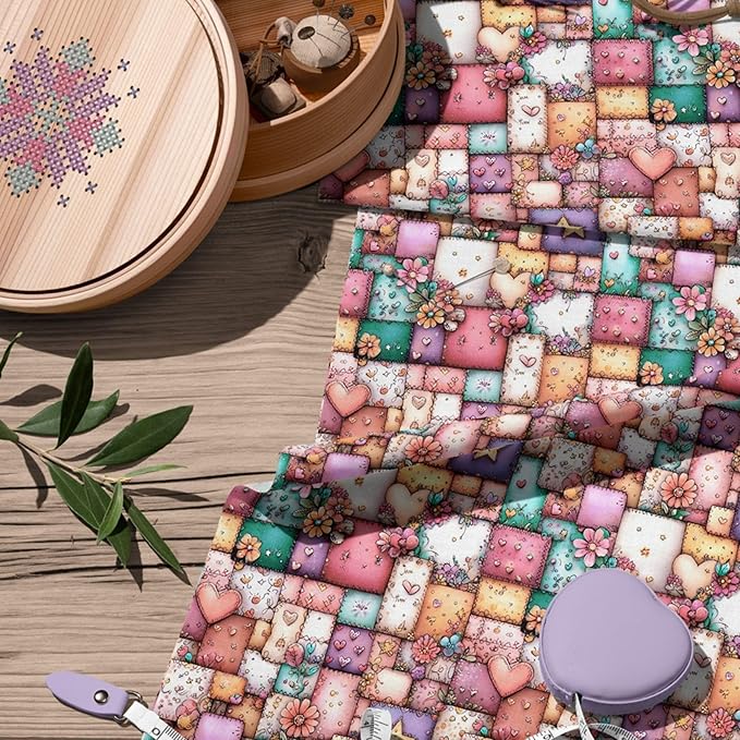 Sweet Hearts Patchwork Cotton Fabric Panel – 100% Turkish Cotton 140 GSM, Pre-Cut 61 x 36.6 Inches, Romantic Floral Sewing Fabric for Quilting, Gifts & DIY Crafts