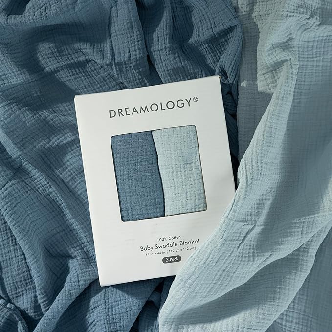 Dreamology Muslin Blankets for Newborn,2 Pack,Muslin Cotton Blankets for Boys,Girls,100% Cotton,Soft and Breathable Baby Receiving Blankets Baby Boy,Girl, 44x44 Swaddle Blanket | Blue and Light Blue