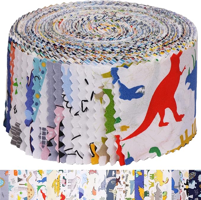 Hanjunzhao Dinosaur Fabric Jelly Rolls for Quilting, 42 Strip 2.5" x 44" Dinosaur Jelly Roll Fabric, Soft Cotton Material Strips for Baby Boy Kids Blanket, Rug, Upholstery, Home Décor, and Crafts