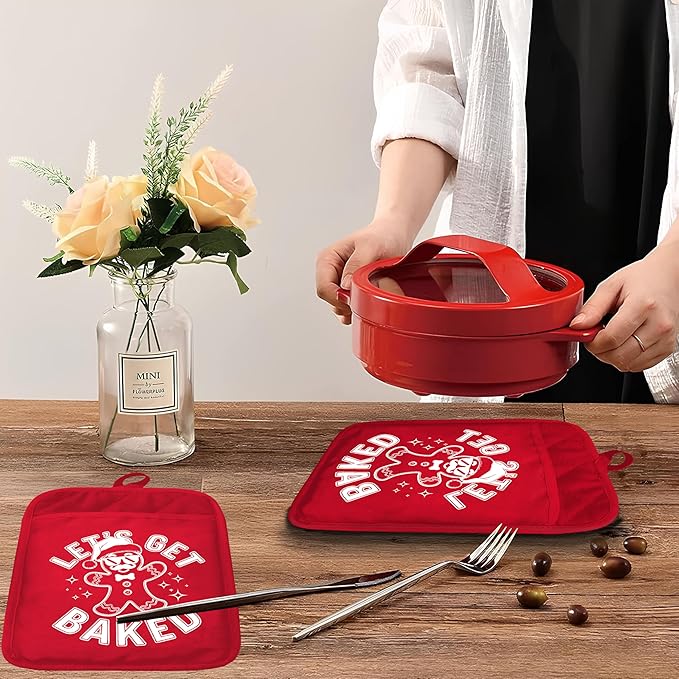 Funny Gingerbread Christmas Baker Pot Holders with Pockets, Let's Get Baked Christmas Gingerbread Man Oven Pot Holders Heat Resistant Oven Mitts Hot Pads for Kitchen Baking Cooking