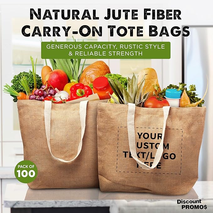 DISCOUNT PROMOS 100 Natural Jute Fiber Carry-On Tote Bags Set - Customizable Text, Logo - Convenient, Webbing Handle, Everyday Use - Natural