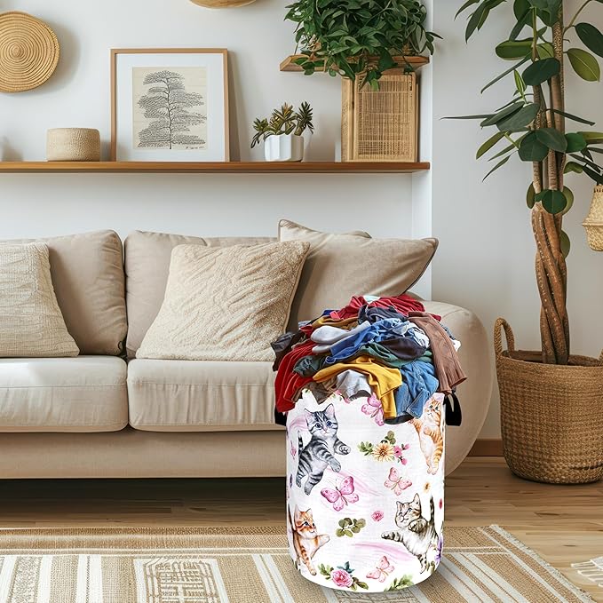 Cute Cats Butterfly Laundry Hamper Foldable Oxford Cloth Animal Floral Flowers Laundry Basket With Handle Portable Clothes Storage Basket Laundry Bag 18.9"x16.5" For Laundry Room/Bedroom/Bathrooms