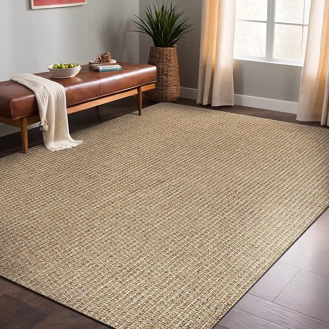 Easy Jute Rugs 9x12 Natural Color Living Room Indoor Outdoor Area Rug for Patio Farmhouse and Kitchen Rug High Traffic Easy to Clean Washable Solid Boho Woven Design Outside Carpet (9 x 12)
