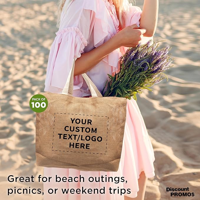 DISCOUNT PROMOS 100 Natural Jute Fiber Carry-On Tote Bags Set - Customizable Text, Logo - Convenient, Webbing Handle, Everyday Use - Natural
