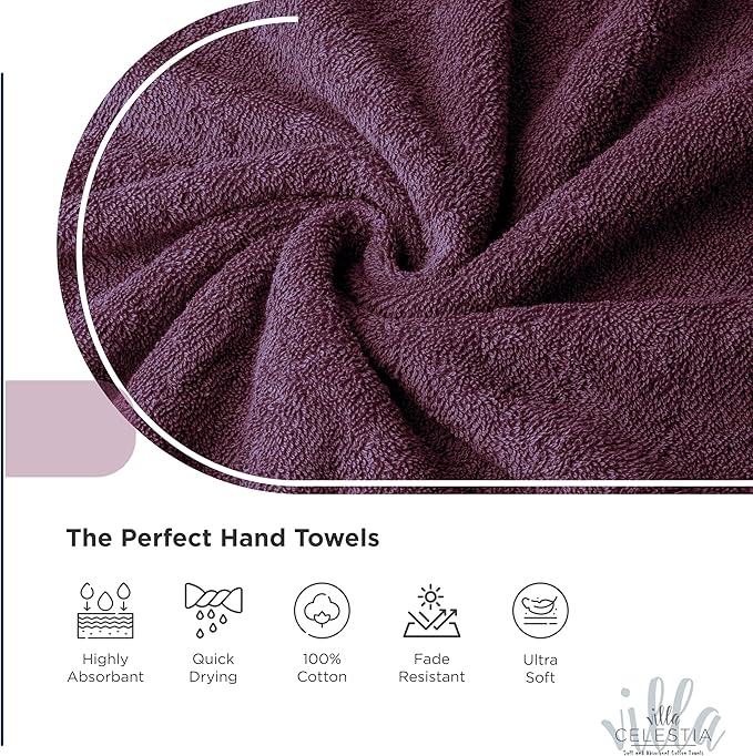 Villa Celestia 100% Cotton Hand Towel Set of 2, (16 x 28 inches) Sustainable, Soft, Highly Absorbent, Quick Drying, Combed Cotton Hand Towels Pack of 2 Ideal for Hotels, Spa, Bathroom, Dorm, Burgandy