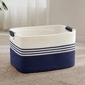 SunNewt 72L Large Laundry Basket with Leather Handles for Living Room Storage, Woven Rope Baskets Bin for Blanket, Kids Toy, Gifts, Wicker Hamper for Bedroom Dirty Clothes, 22"x17"x12" White Navy