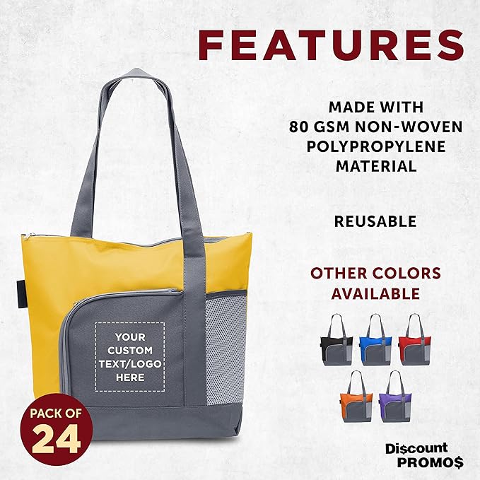 DISCOUNT PROMOS Custom Go Getter Sport Tote Beach Bags Set of 24, Personalized Bulk Pack - Reusable, Great for Shopping, Beach, Picnic, Other Outdoor Adventure - Yellow