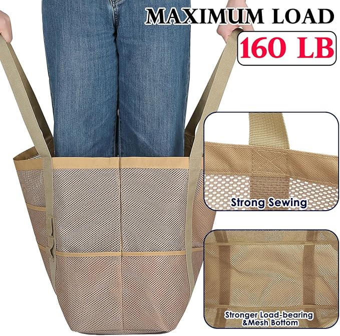 Fammart Mesh Beach Bag, Large Beach Tote with Zipper Pocket for Family Pool Bag for Toys & Vacation Essentials