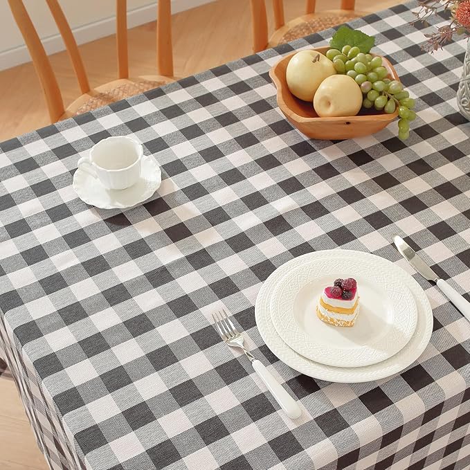 Alsoo Gingham Table Cloth Rectangle Tablecloth Heavy Duty Cotton Checkered Tablecloths Linen Table Cover for Spring Picnic Kitchen Dining, Black and White, 60 * 60 inch