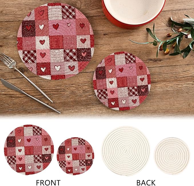 Valentine's Day Pink Hearts Trivet Mat 2PCS Plaid Tartan Round Woven Potholders Kitchen Table Countertop Protector Hot Pads Farmhouse Coasters Counter Mats for Cooking Baking