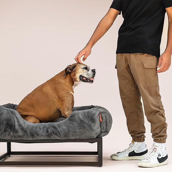 FUZI Elevated Dog Bed Small with Extra Cover, Luxury Raised Dog Beds, Removable and Machine Washable Bed Cover, Indoor/Outdoor Orthopedic Pet Bed, Small 25.1x16.75x18 Dark Grey and Black Base
