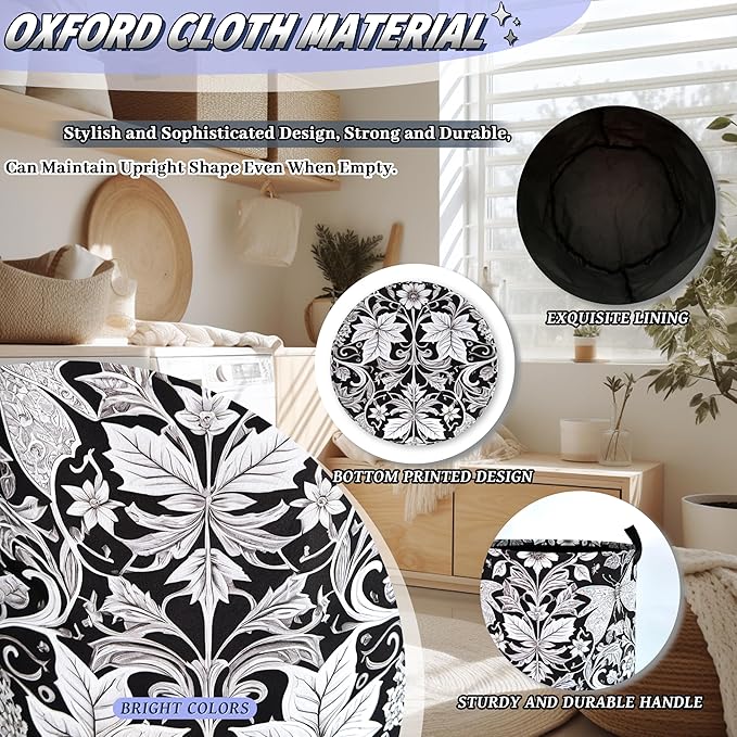 Black White Floral Butterfly Laundry Hamper Foldable Oxford Cloth Flowers Laundry Basket With Handle Portable Clothes Storage Basket Laundry Bag 18.9"x16.5" For Laundry Room/Bedroom/Bathrooms