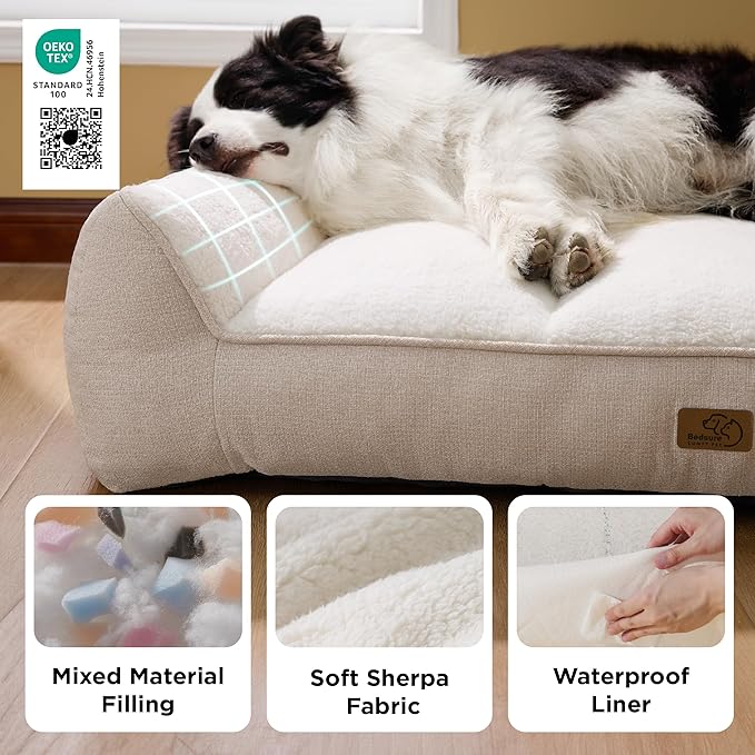 Bedsure Orthopedic Dog Bed Medium Size Dog - Extra Thick Supportive Medium Dogs Beds with Waterproof Washable Cover, Comfort Pet Bed Sofa with Soft Plush Sherpa and Nonskid Bottom, Beige, 35"