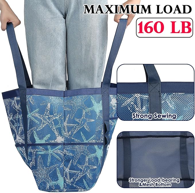 Fammart Mesh Beach Bag, Large Beach Tote with Zipper Pocket for Family Pool Bag for Toys & Vacation Essentials