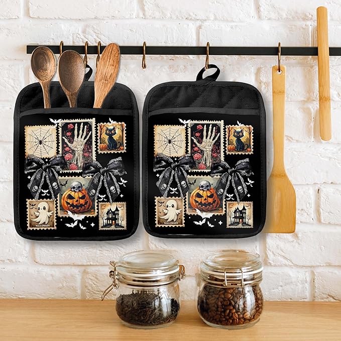 Dark Coquette Bow Halloween Pot Holders with Pockets, Spooky Skeleton Black Cat Pumpkin Ghost Halloween Oven Pot Holders Heat Resistant Oven Mitts Hot Pads for Kitchen Baking Cooking