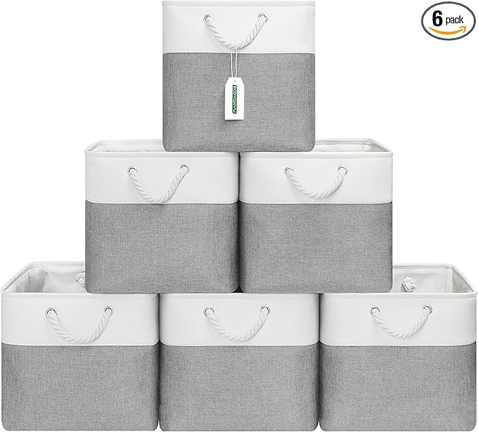 ECDYQXVU 13x13 Inch Cube Storage Bins with Reinforced Bottom Cardboard, 6 Pack Large Foldable Fabric Storage Cubes with Handles for Shelf, Closet, Laundry Organization (White&Gray)
