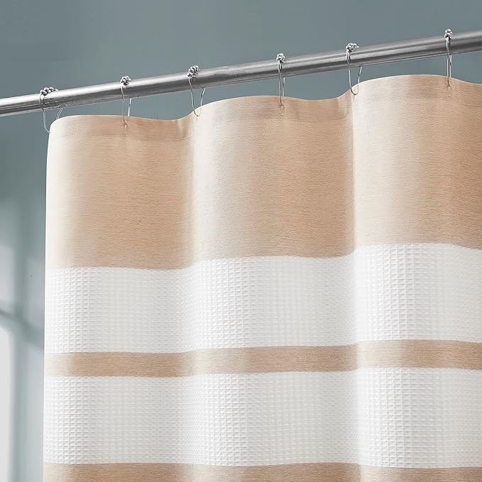 LinenZone 70" Wide x 72" Long Waffle Shower Curtain. Linen Shower Curtain with Adorable White Stripes for Modern or Hotel Decor. (Waffle 70 x 72 Linen)