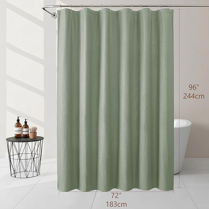 Ebesto Extra Long Sage Green Shower Curtain 96 Inch Long 1 Piece, Waffle Embossed Textured Fabric Shower Curtain for Bathroom Large Hotel, Water Resistant, Machine Washable, 72Wx96L Inches