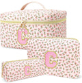 3 PCS Travel Makeup Bag Set, A–Z Initials Cotton Quilted Cosmetic Bag for Women & Preppy, Personalized Toiletry Bag Travel Accessories Makeup Brushes Organizer, Valentine’s Day & Birthday Gift for Her