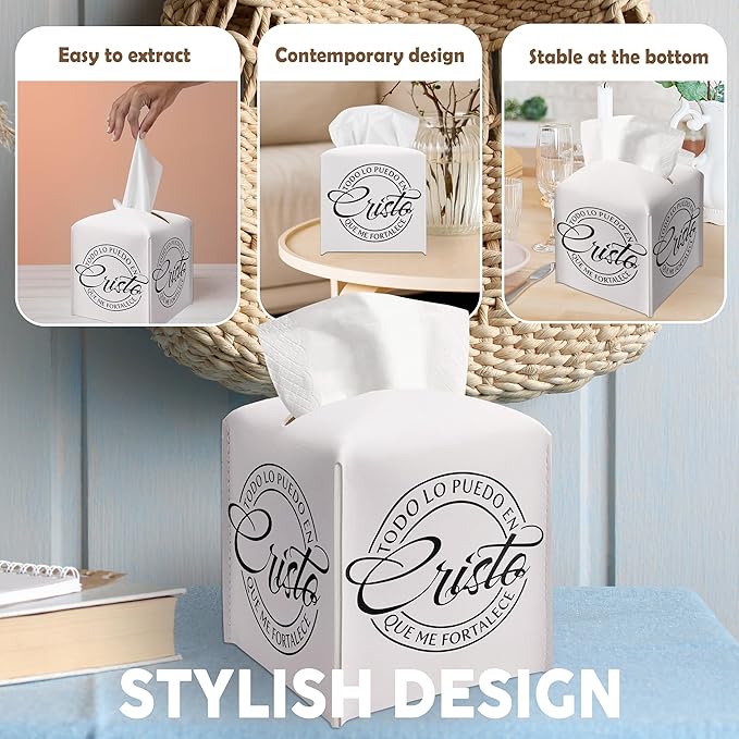 Christian Gifts Square Tissue Box Cover, Inspirational Quote Gift Ideas for Family Friends, Religious Cristo Decor for Bathroom Office, Housewarming New Home Favor-(5.2 Inches)