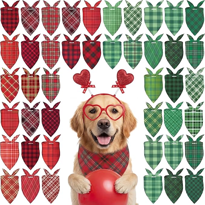 Abbylike 50 Pcs Valentine's & St. Patrick's Day Dog Bandanas Bulk Red & Green Plaid Bandanas for Dogs Triangle Kerchief Bib Scarf for Pet Holiday Costume Photo Props Accessories (31.5 x 21.7 x 21.7)