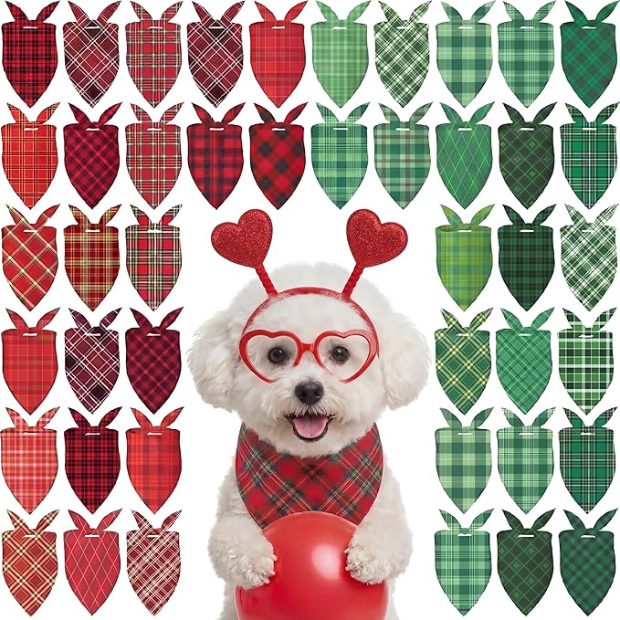 Abbylike 50 Pcs Valentine's & St. Patrick's Day Dog Bandanas Bulk Red & Green Plaid Bandanas for Dogs Triangle Kerchief Bib Scarf for Pet Holiday Costume Photo Props Accessories (19.7 x 13.8 x 13.8)