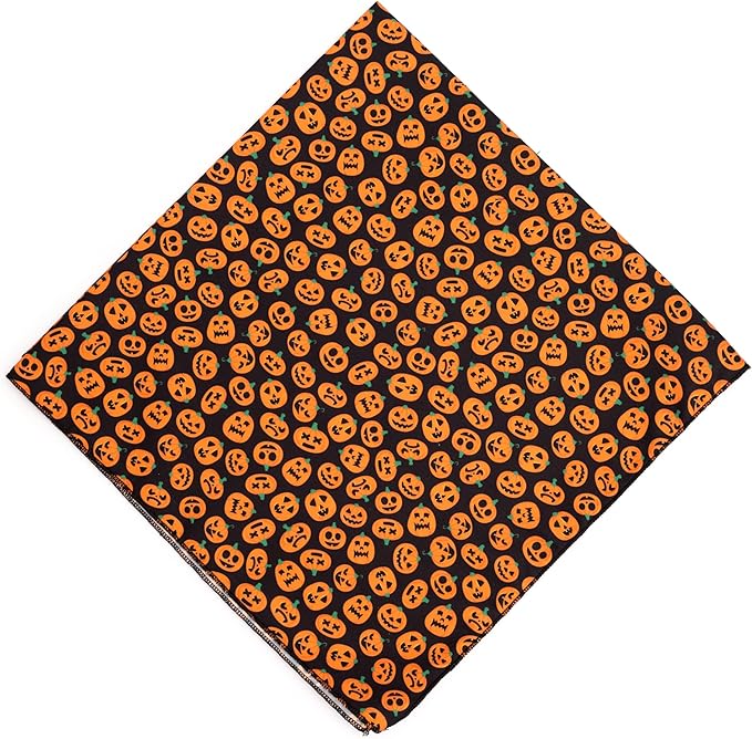 THE WORTHY DOG Classic Tie-On Dog Bandana – Soft Cotton Flannel Square Pet Bandana, Jack-O-Lantern Pattern, Black, Large