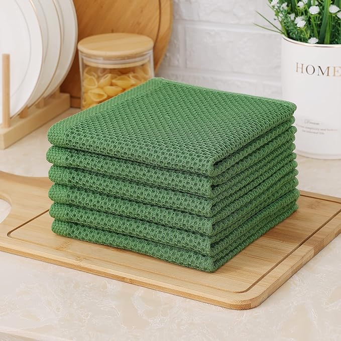 Kitinjoy 100% Cotton Kitchen Dish Cloths, 12 Pack Waffle Weave Ultra Soft Absorbent Dish Towels for Drying Dishes Quick Drying Kitchen Towels Dish Rags, 12 X 12 Inches, Grass Green