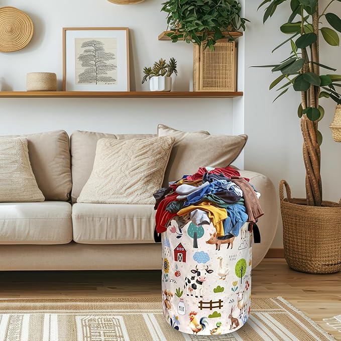 Cute Animals Laundry Basket Oxford Cloth Animal Dogs Cows Chicken Laundry Hamper With Handle Portable Clothes Storage Basket Foldable Funny Laundry Bag 18.9"x16.5" For Laundry Room/Bedroom/Bathrooms