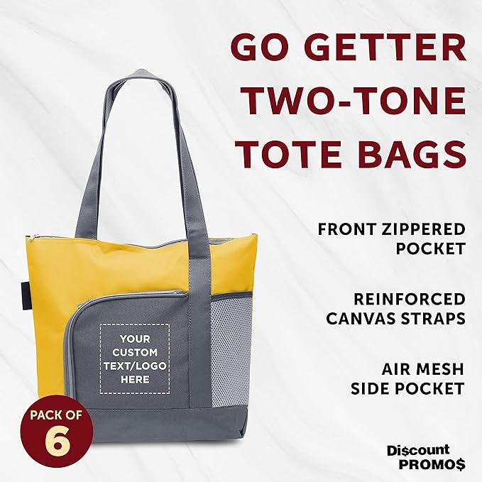 DISCOUNT PROMOS Custom Go Getter Sport Tote Beach Bags Set of 6, Personalized Bulk Pack - Reusable, Great for Shopping, Beach, Picnic, Other Outdoor Adventure - Yellow