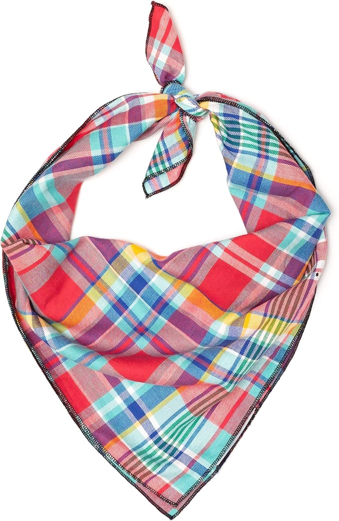 THE WORTHY DOG Classic Tie-On Dog Bandana – Soft Cotton Flannel Square Pet Bandana, Plaid Pattern, Coral Multicolored, Small