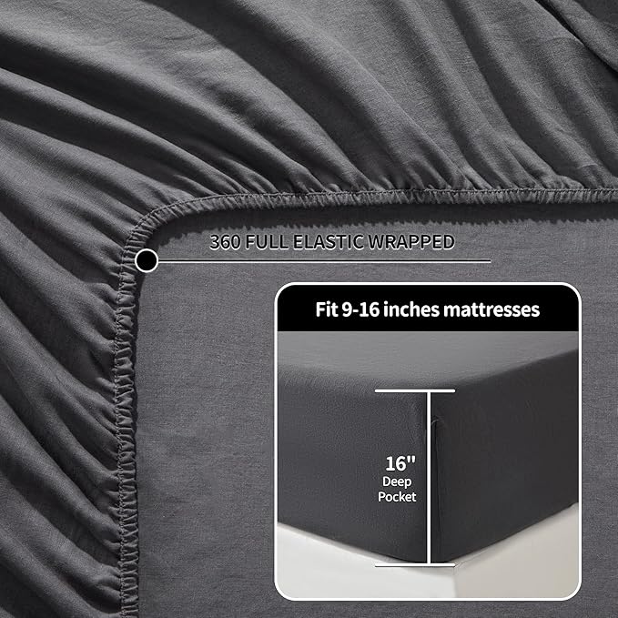 LBRO2M 100% Linen Sheet Set Twin Size,Bed Sheets 3 Piece Sets,Solid Color Natural Flax Bed Sheets Soft Breathable Bedding,16" Deep Pocket,All Season (Twin, Dark Grey)