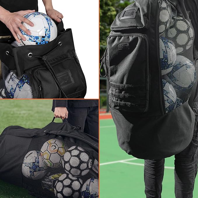 Fitdom Heavy Duty XL Soccer Mesh Equipment Ball Bag w/Adjustable Backpack Shoulder Strap Design for Coach. 2 Different Size Front Pockets for Sporting Accessories.