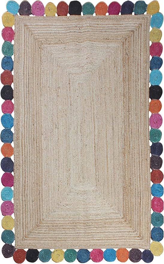 Scalloped Edge Rug, Hand Woven Natural Jute Area Rug, 5x7 Ft Beige & Multicolor Braided Sisal Kilim Rugs for Living Room, Kitchen, Entryway, Farmhouse