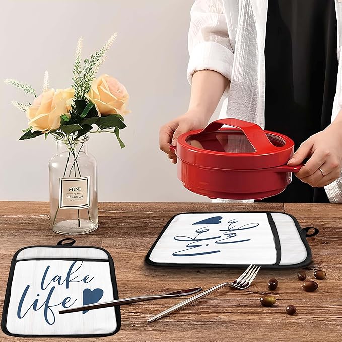 Lake Life Gifts Pot Holders with Pockets, Lake Life House Gifts for Cabin Owners Women Oven Pot Holders Heat Resistant Oven Mitts Hot Pads for Kitchen Baking Cooking (White)
